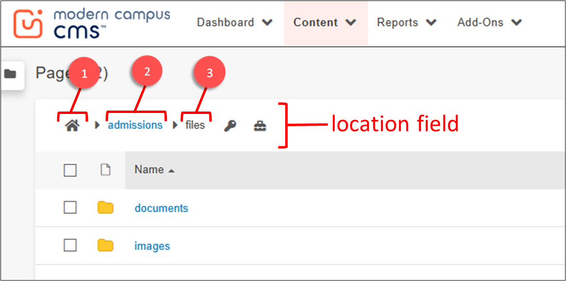 Current location indicated as the files folder within the admissions page. Folder Structure