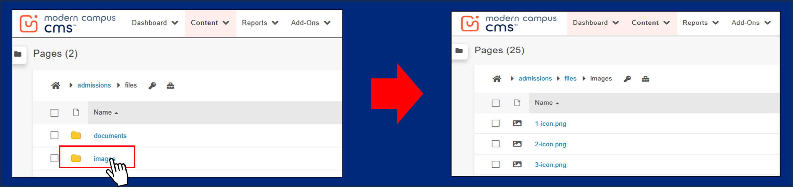 Image showing the navigation process down from the "files" subpage to the "Images" subpage. Navigate Down
