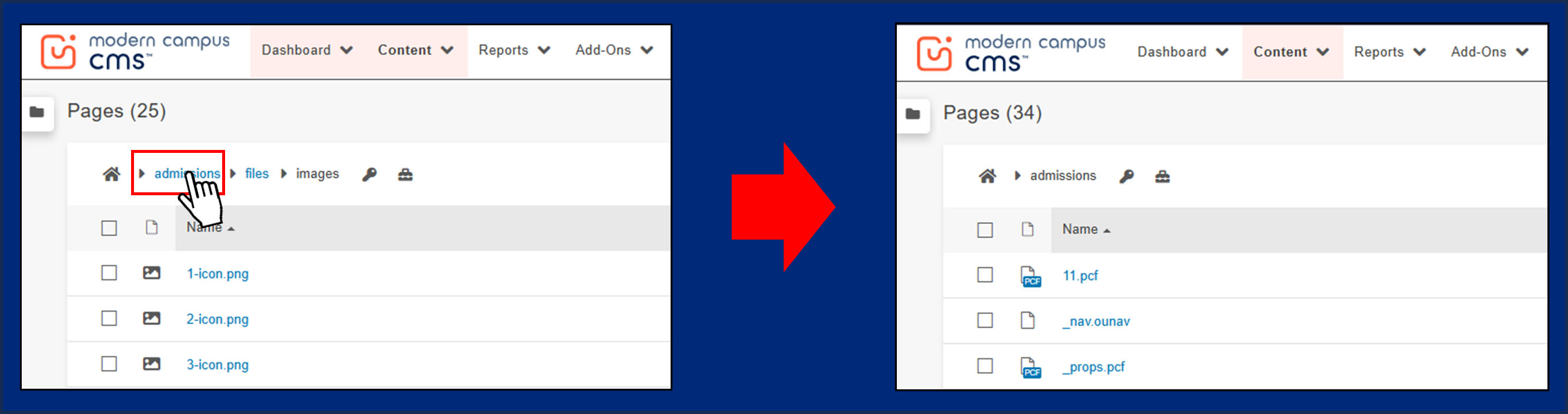 Image showing the navigation process up from the "Images" subpage to the "Admission" interior page. Navigate Up