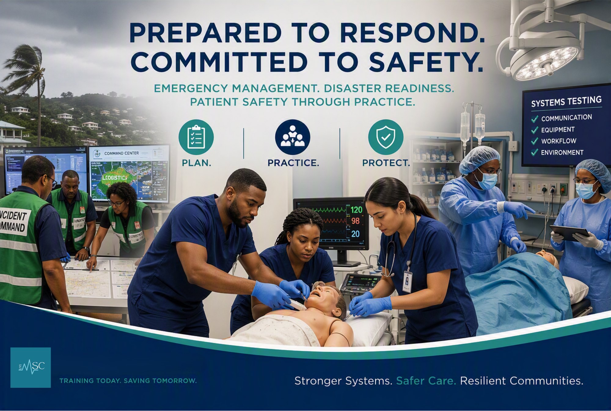 UVI Medical Simulation Center emergency preparedness training: incident command, clinical response, and operating room teams practicing together.