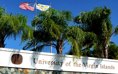 stock image of UVI campus with flags